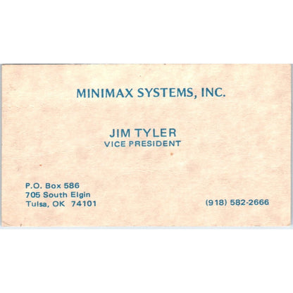 Jim Tyler Minimax Systems Inc Tulsa OK Vintage Business Card SE3-B4