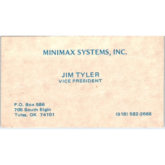 Jim Tyler Minimax Systems Inc Tulsa OK Vintage Business Card SE3-B4