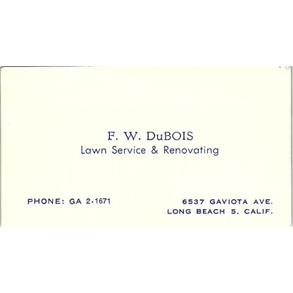 F.W. DuBOIS Lawn Service & Renovating Long Beach CA Business Card SSB4-B13