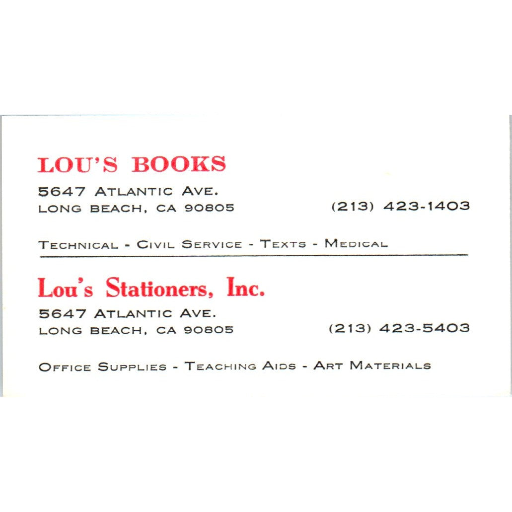 Lou's Books Lou Ozan Long Beach CA Vintage Business Card SE3-B4