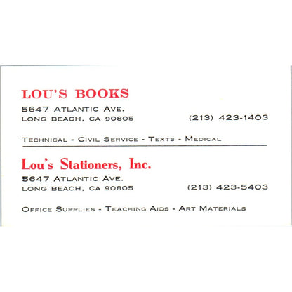 Lou's Books Lou Ozan Long Beach CA Vintage Business Card SE3-B4