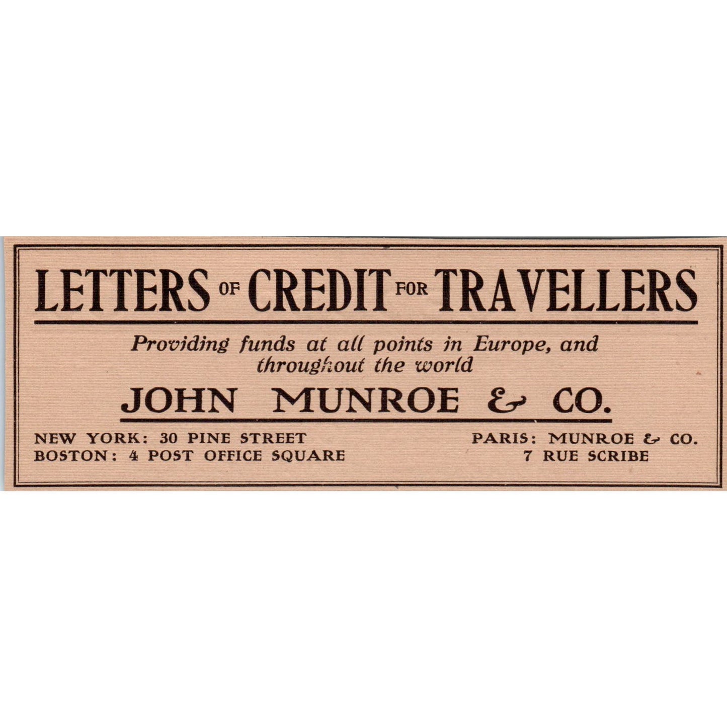 John Munroe & Co Letters of Credit for Travellers c1905 Victorian Ad AE9-MA1