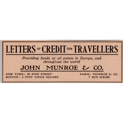 John Munroe & Co Letters of Credit for Travellers c1905 Victorian Ad AE9-MA1