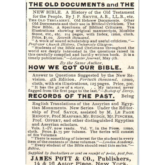 The Old Documents and New Bible - James Pott & Co NY c1890 Victorian Ad AE8-CH6