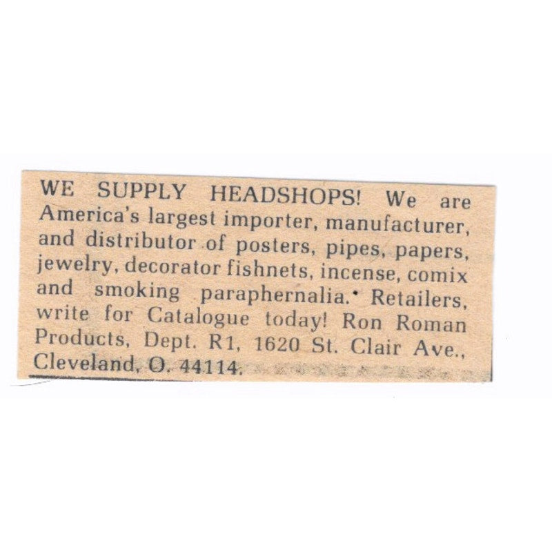 Ron Roman Products Headshop Supply Cleveland OH - 1/2x2 1974 Ad AF6-S8