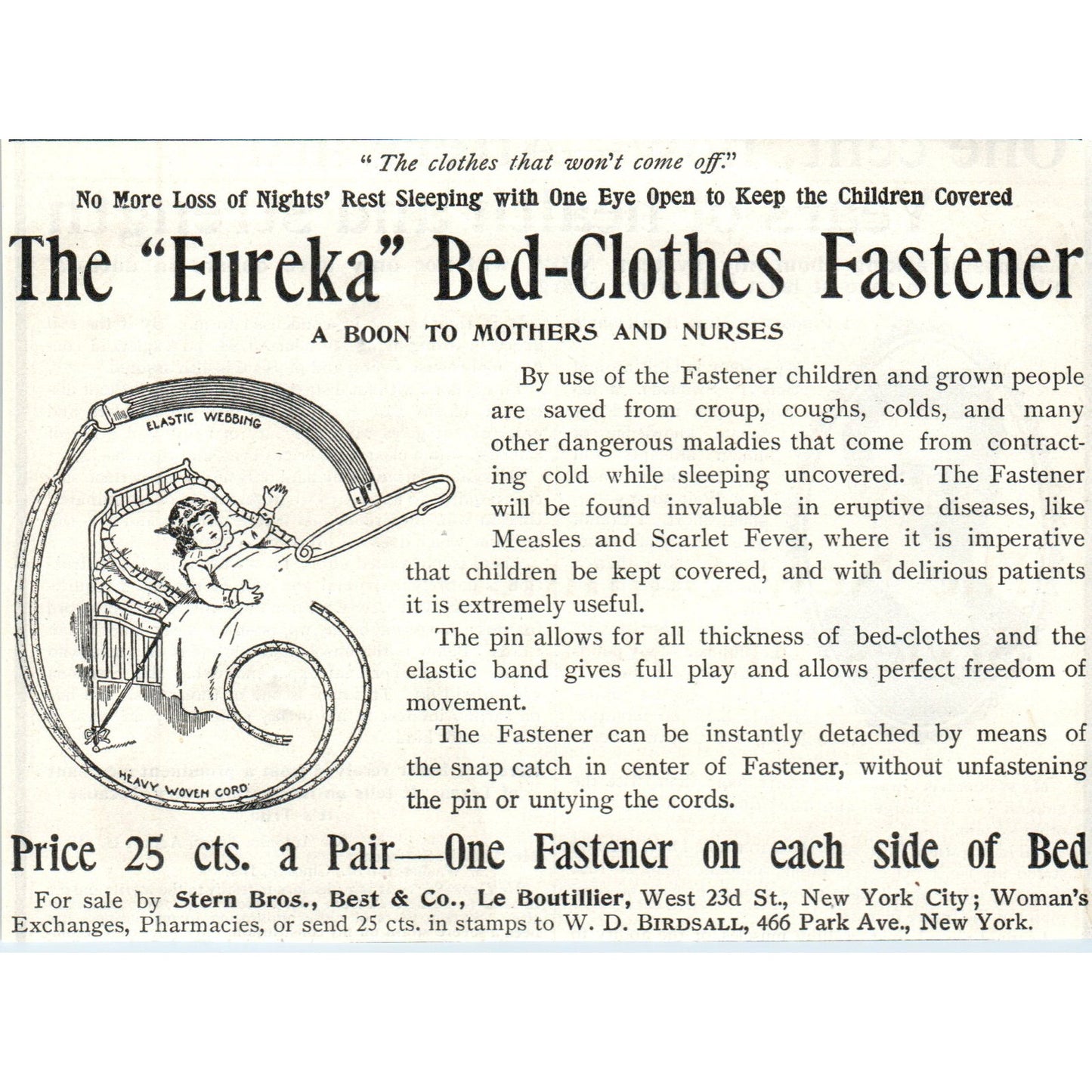 Eureka Bed-Clothes Fastener Stern Bros, Best & Co Le Boutillier 1903 Ad AF7-E4