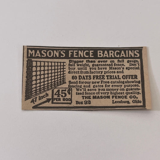 The Mason Fence Co. Fence Bargains Leesburg OH 1931 Newspaper Ad SAG4-S13