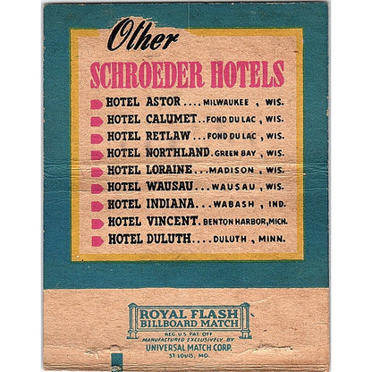 Hotel Schroeder Milwaukee Cocktail Lounge Vintage Large Matchbook Cover ML1-8