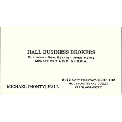 Michael Monty Hall Business Brokers Houston TX Vintage Business Card SC9-B1