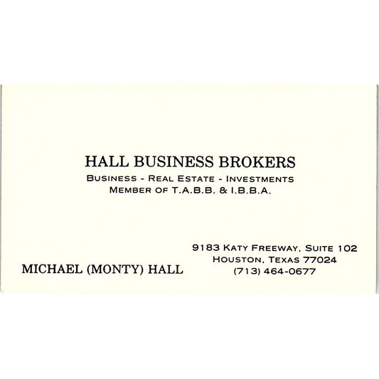 Michael Monty Hall Business Brokers Houston TX Vintage Business Card SC9-B1