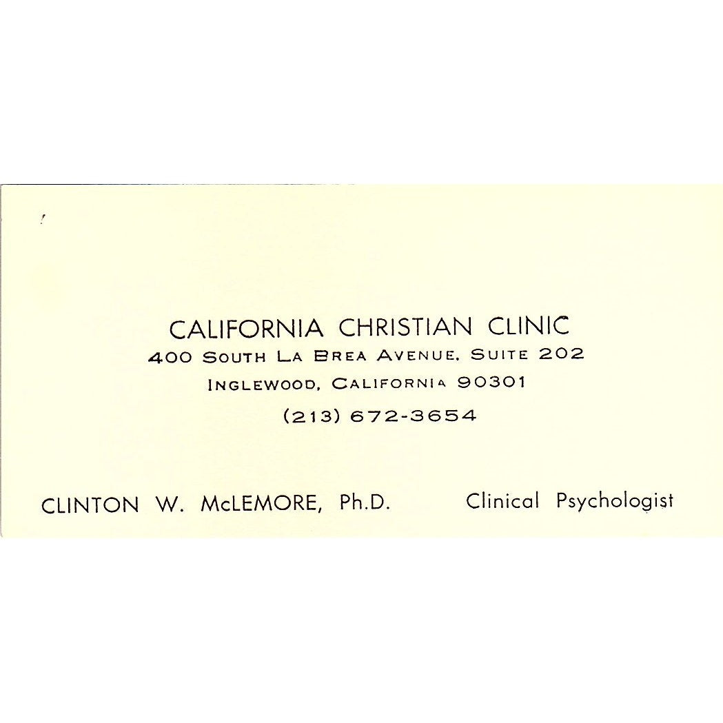 Clinton W McLemore CA Christian Clinic Inglewood Vintage Business Card SD9-B10