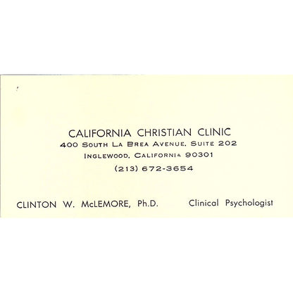 Clinton W McLemore CA Christian Clinic Inglewood Vintage Business Card SD9-B10