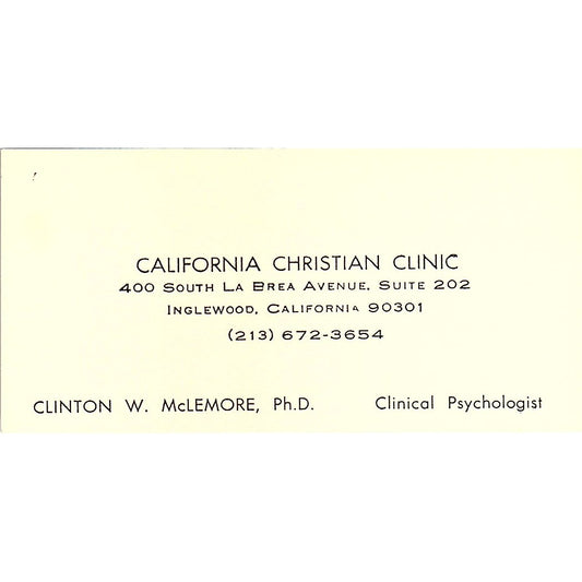Clinton W McLemore CA Christian Clinic Inglewood Vintage Business Card SD9-B10