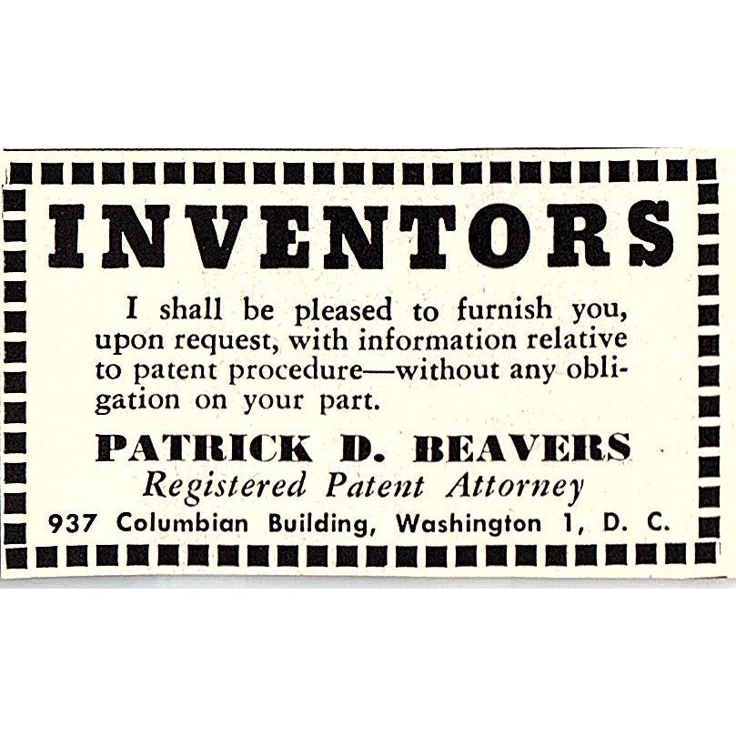 Patrick D Beavers Patent Attorney Washington DC 1955 Ad AF9-S2