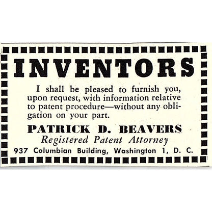 Patrick D Beavers Patent Attorney Washington DC 1955 Ad AF9-S2