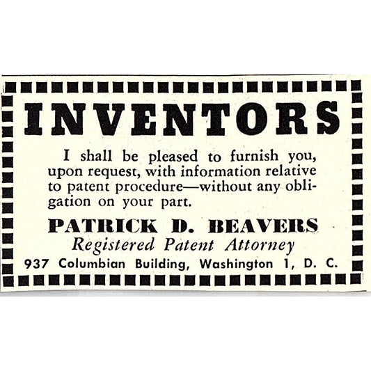 Patrick D Beavers Patent Attorney Washington DC 1955 Ad AF9-S2