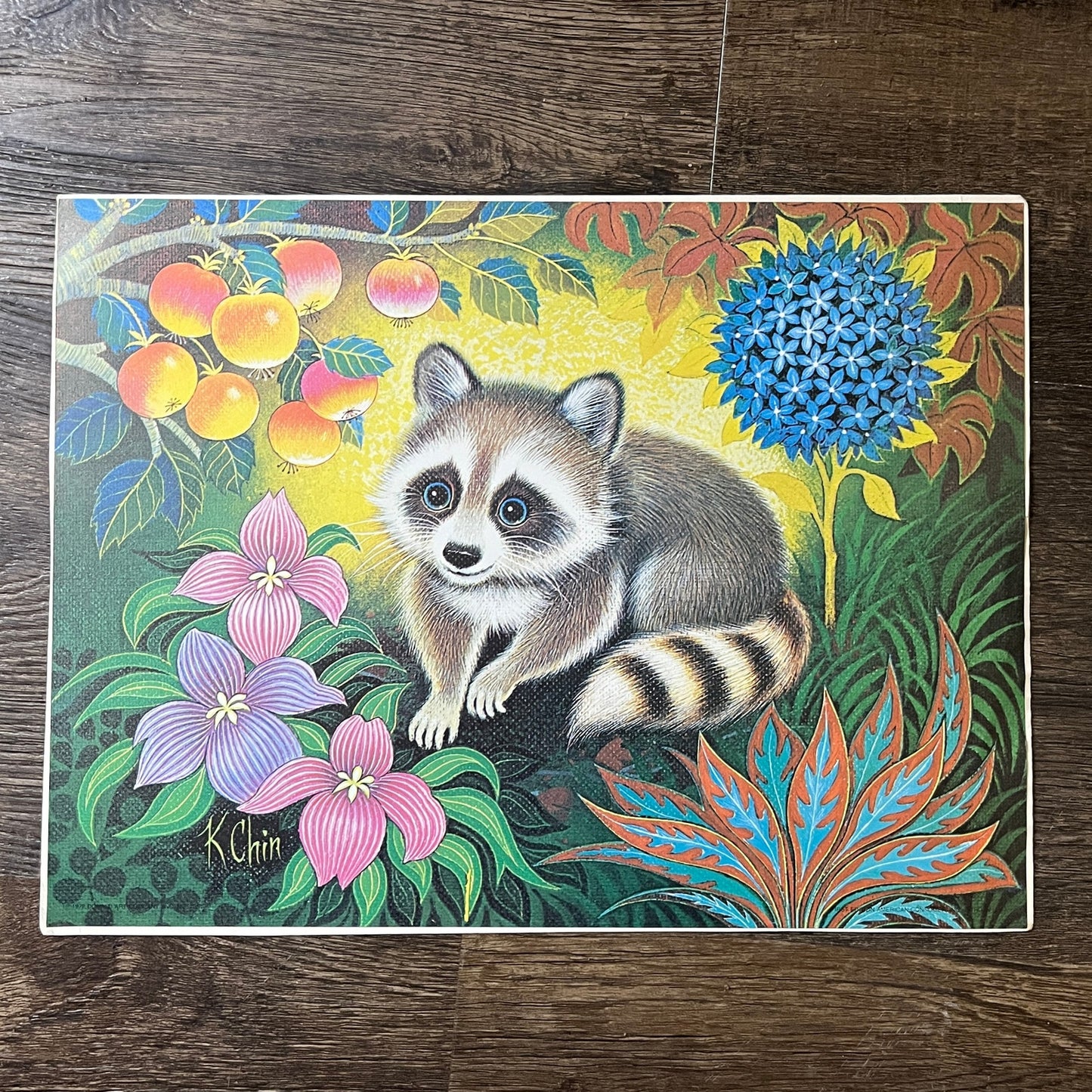 1970s Raccoon - K Chin Retro Kitsch Lithograph Art Print 9x12 V8