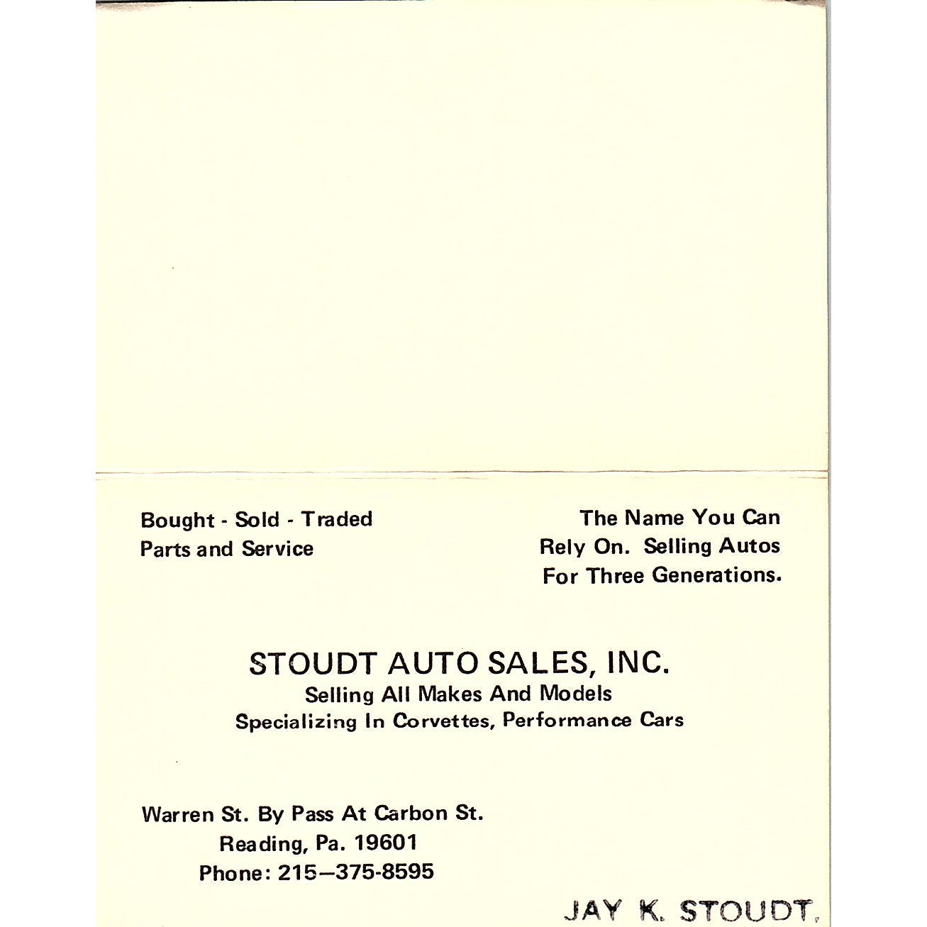 Jay K. Stoudt Auto Sales Inc Reading PA Vintage Business Card SD9-B9