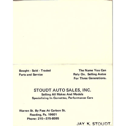 Jay K. Stoudt Auto Sales Inc Reading PA Vintage Business Card SD9-B9