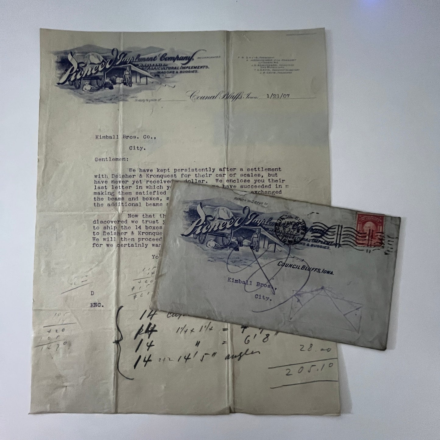 1907 Pioneer Implement Co Wagons  Council Bluffs IA Letterhead & Envelope K22