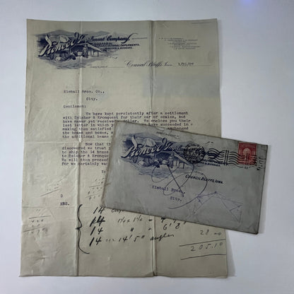 1907 Pioneer Implement Co Wagons  Council Bluffs IA Letterhead & Envelope K22
