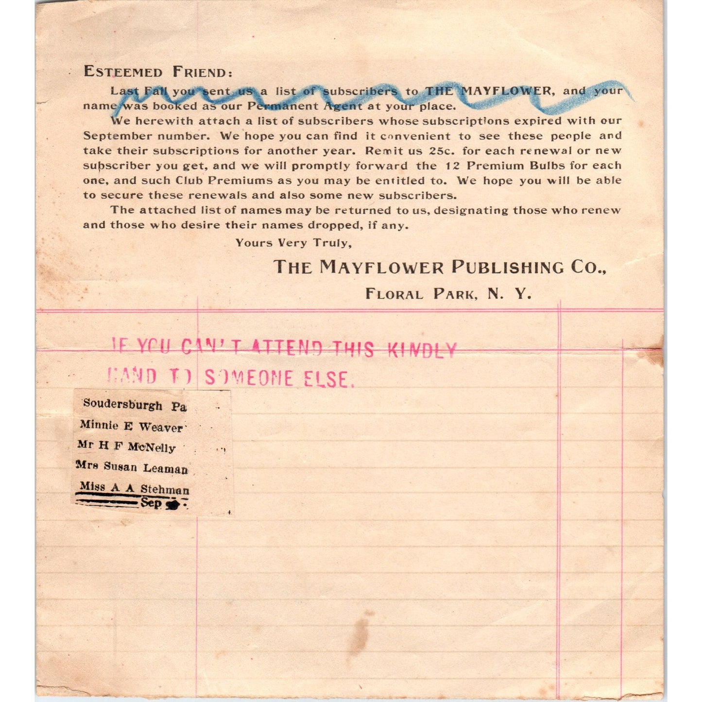 Antique Mayflower Publishing Co Floral Park NY Memo A.A. Stehman Soudersburg D21