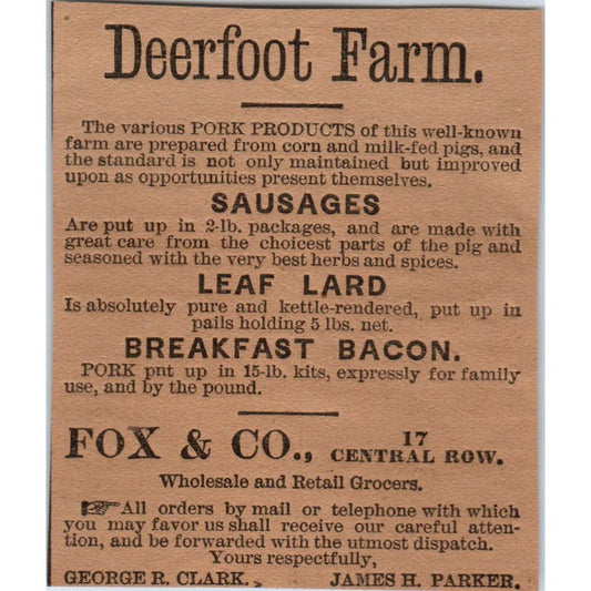 Fox & Co Deerfoot Farm Pork Products 1886 Hartford CT Victorian Ad AB8-HT1
