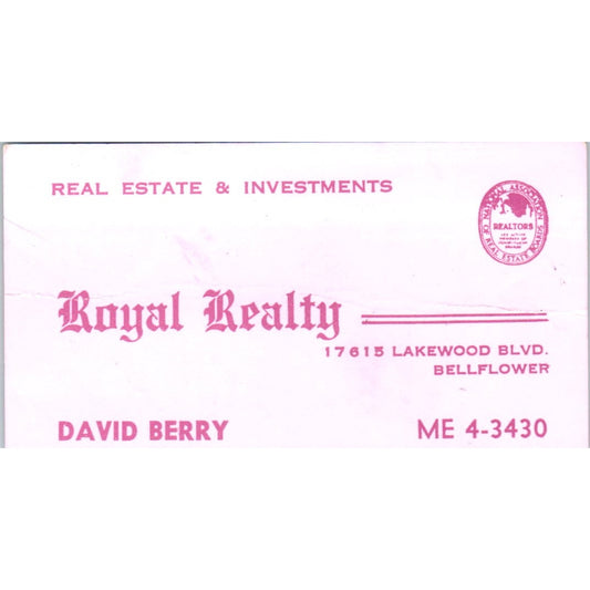 David Berry Royal Realty Bellflower CA Vintage Business Card SD8-B2