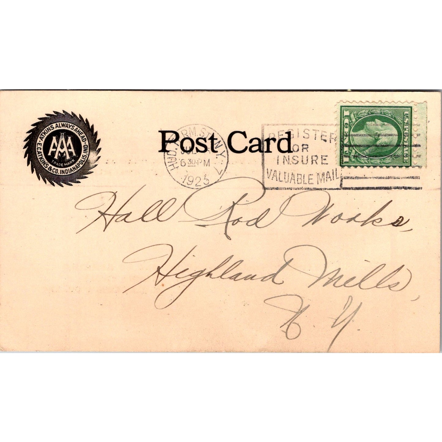 E.C. Atkins Co AAA Atkins Always Ahead Indianapolis IN 1925 Postal Card AK1-M3
