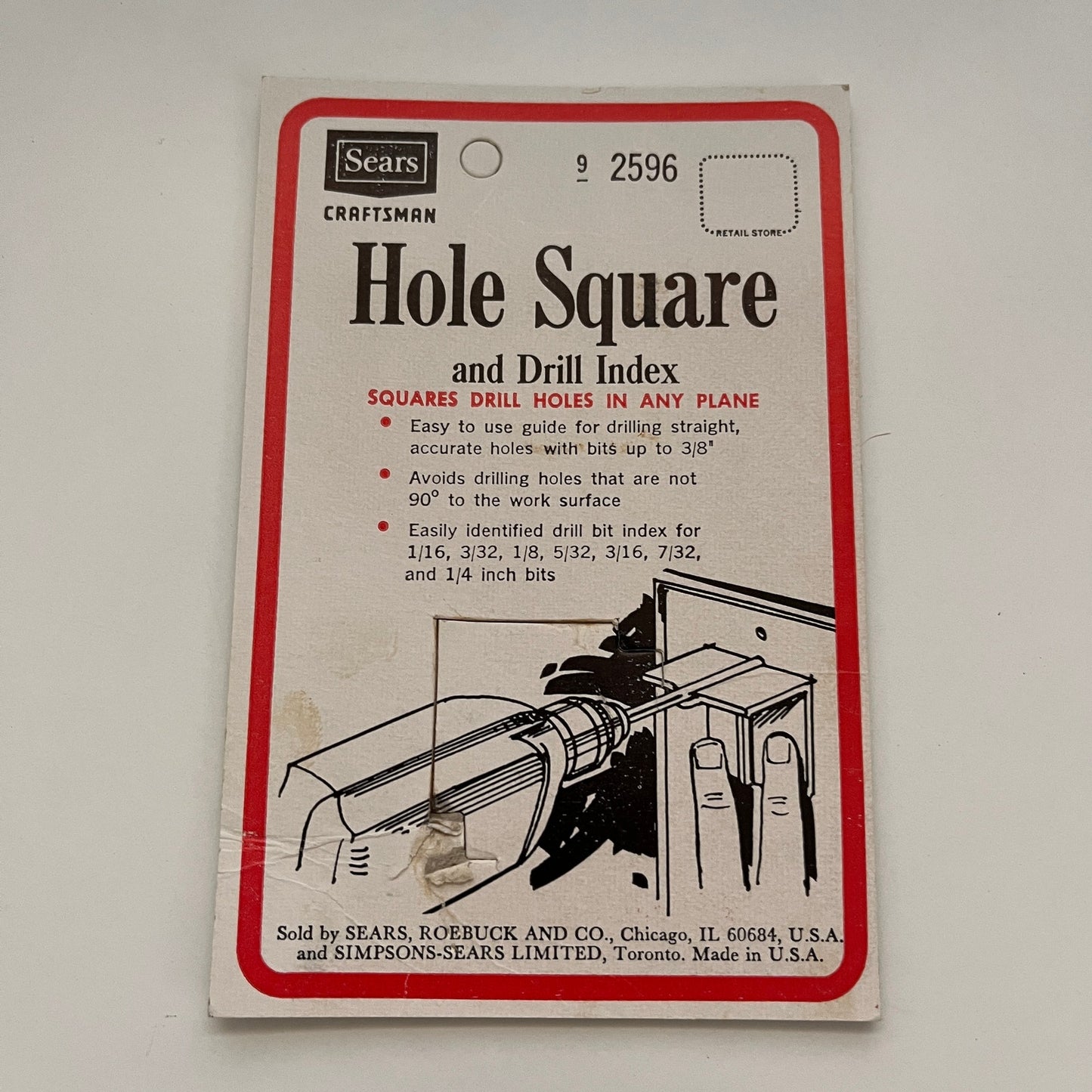Vintage Sears Craftsman Hole Square and Drill Index CARD ONLY TK2-XB5