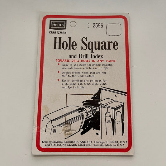 Vintage Sears Craftsman Hole Square and Drill Index CARD ONLY TK2-XB5