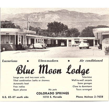 Circle S Motel, Blue Moon Lodge Colorado Springs CO 1958 Ad AG1-H2