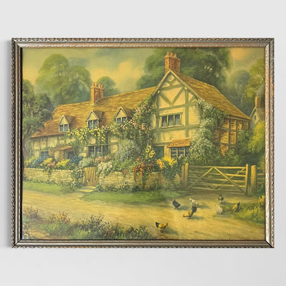 Antique Framed Wall Art Print Mary Arden’s House Country Cottage With Chickens