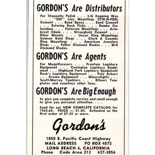 Gordon's Lapidary Distributors Long Beach California 1964 Magazine Ad AB6-M2