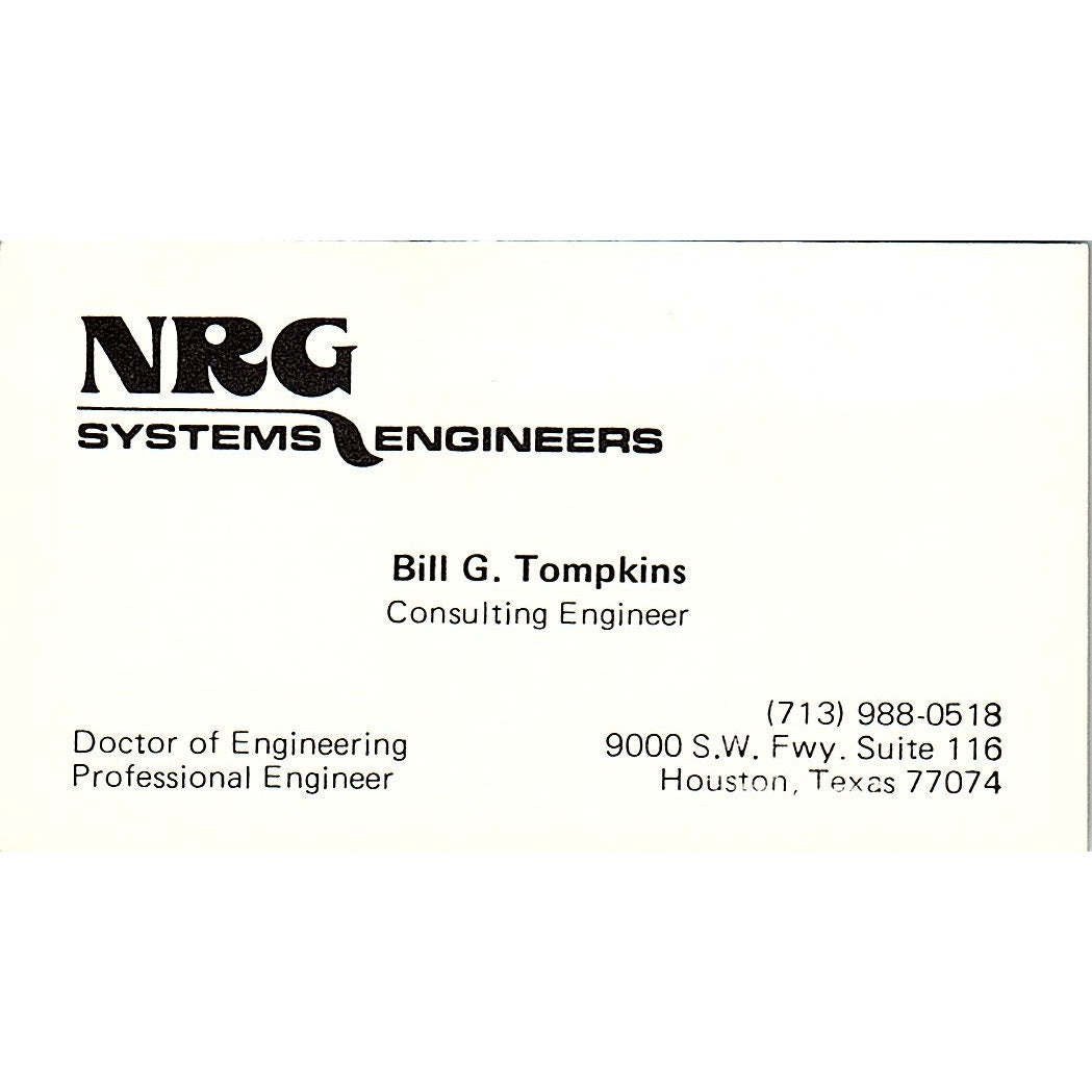 NRG System Engineers Bill G. Tompkins Houston Texas Vintage Business Card SF3-B5