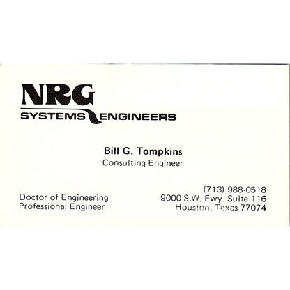 NRG System Engineers Bill G. Tompkins Houston Texas Vintage Business Card SF3-B5