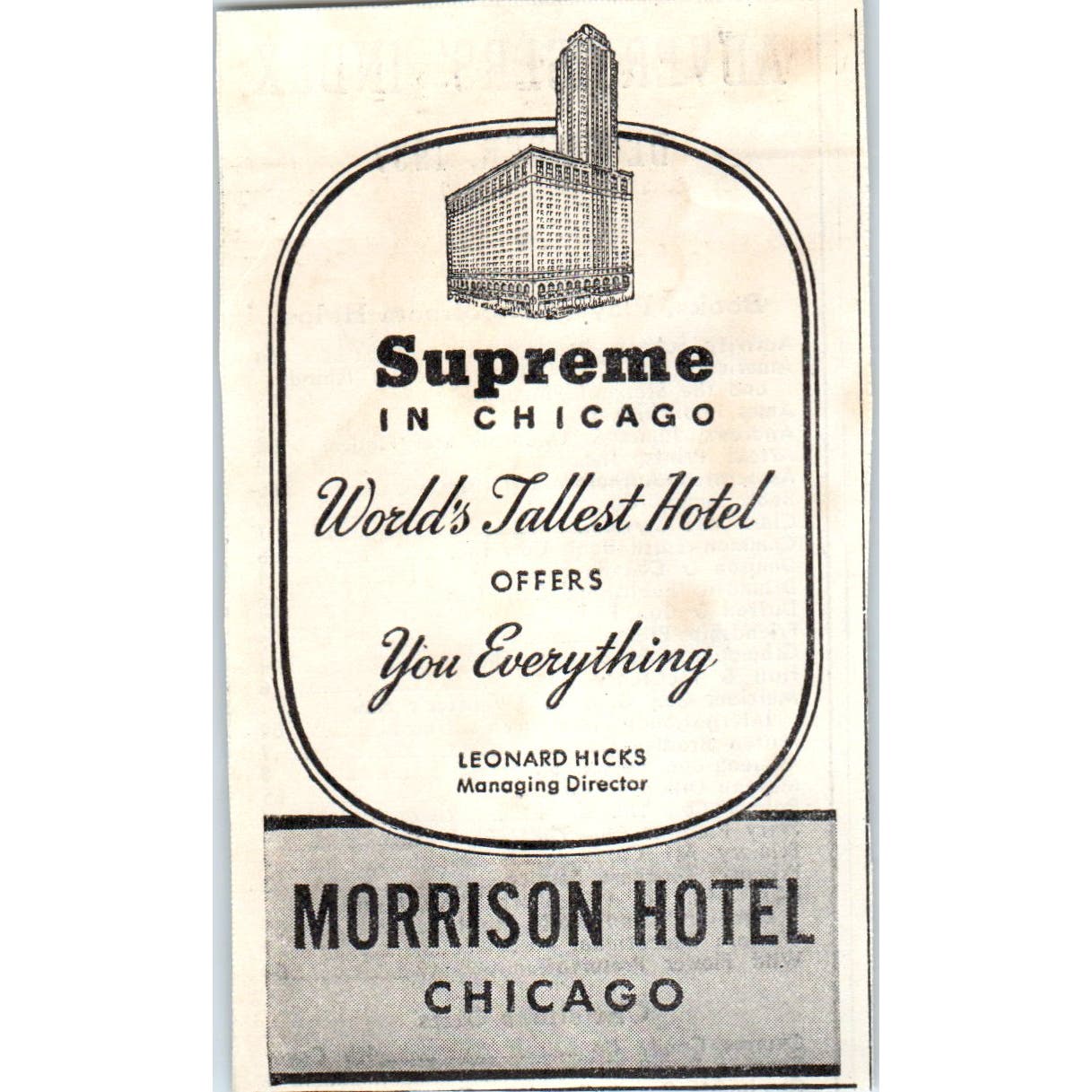 Morrison Hotel Chicago Leonard Hicks Teachers Special 1930s Advertisement AE4-I1