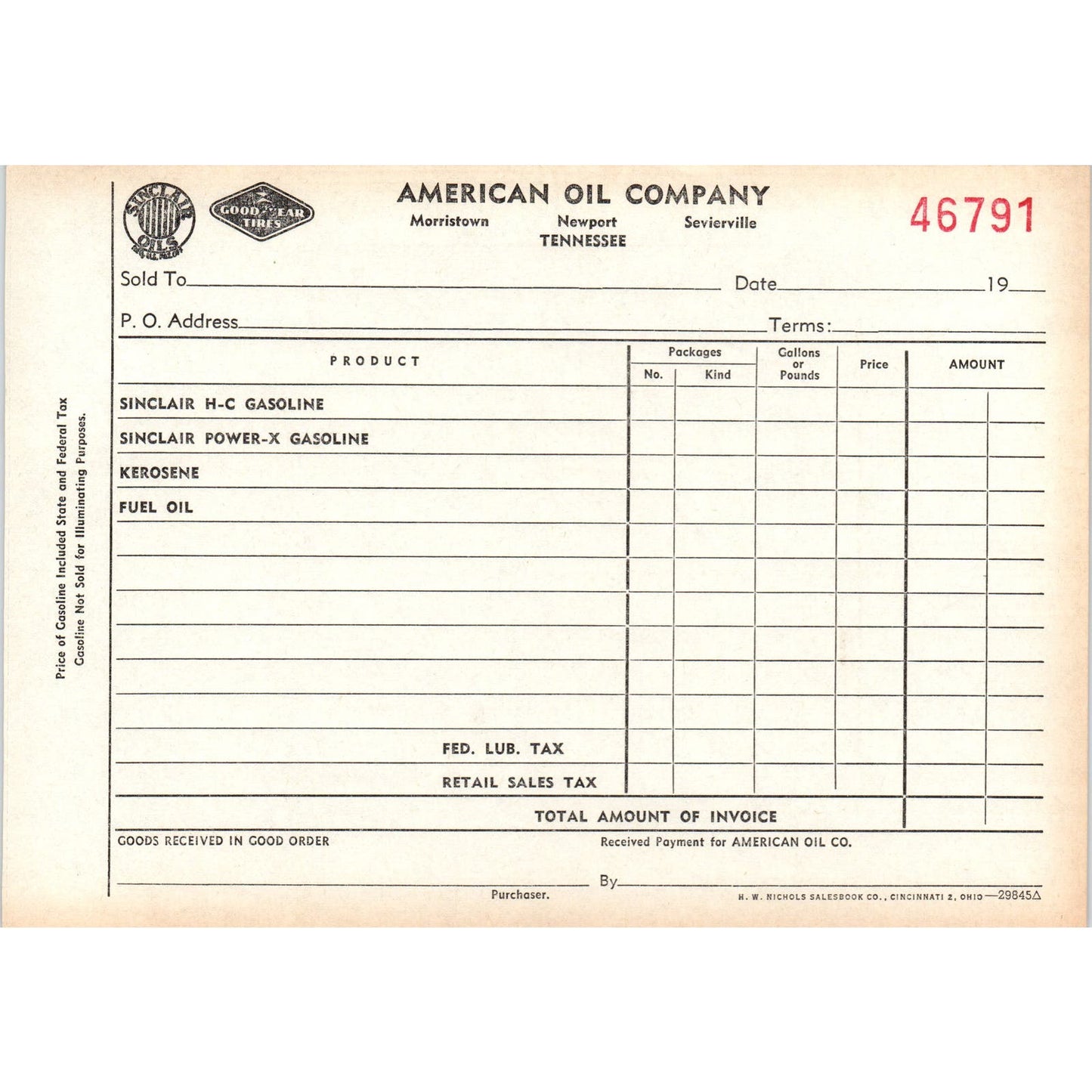 c1910 American Oil Company Invoice Blank Morristown Newport Sevierville AE9-X1