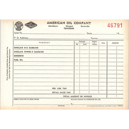 c1910 American Oil Company Invoice Blank Morristown Newport Sevierville AE9-X1