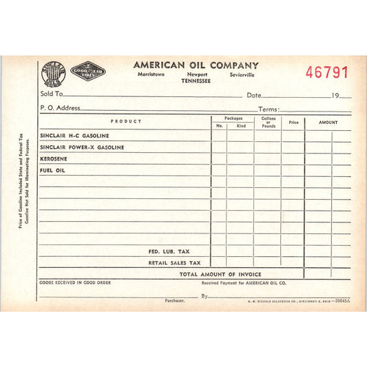 c1910 American Oil Company Invoice Blank Morristown Newport Sevierville AE9-X1