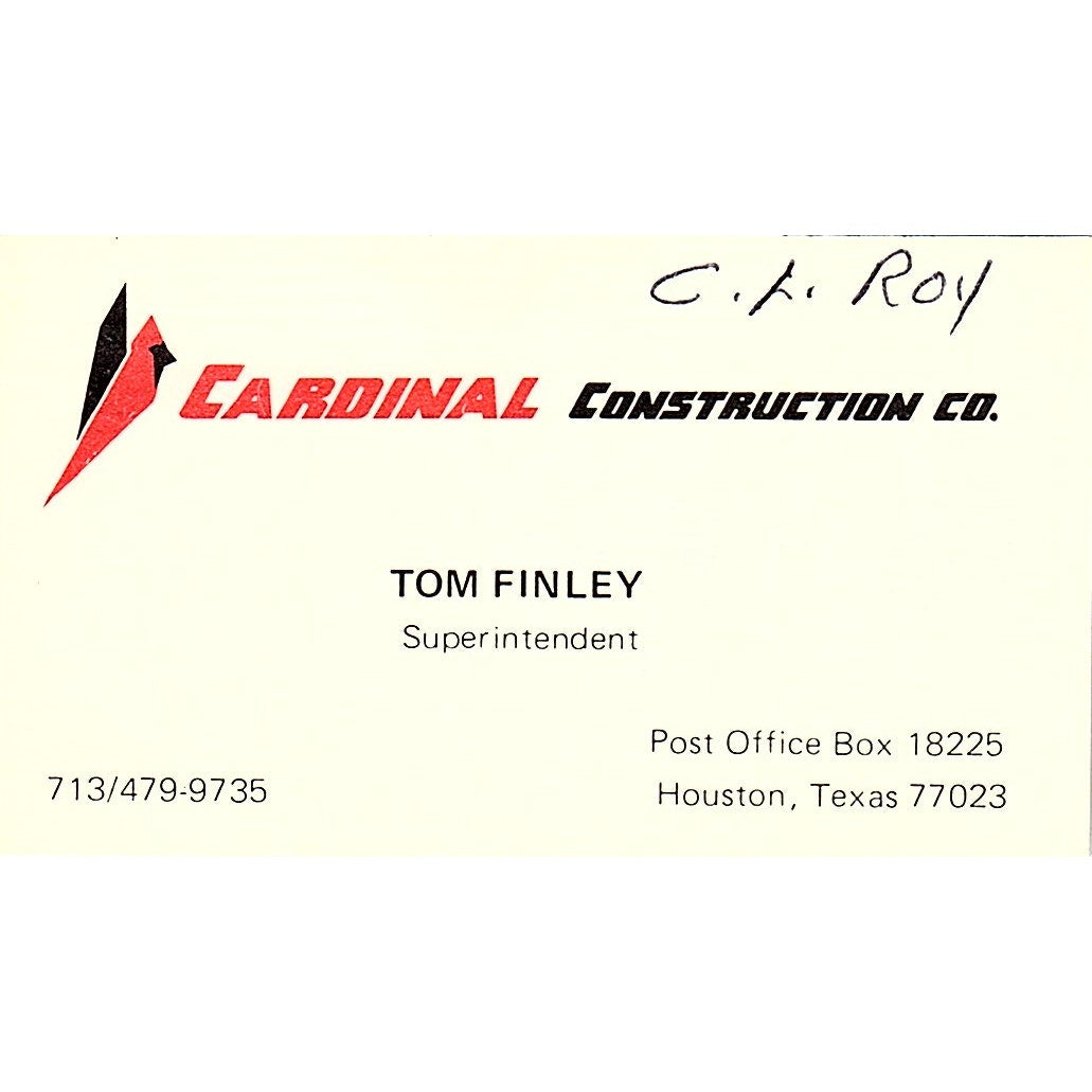 Tom Finley Cardinal Construction Co Houston TX Vintage Business Card SD9-B3