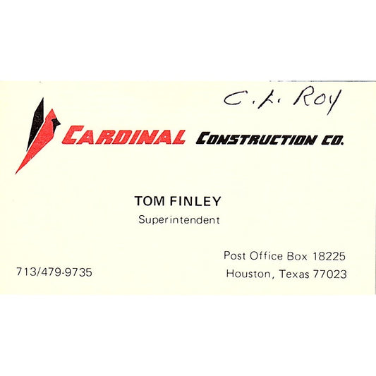 Tom Finley Cardinal Construction Co Houston TX Vintage Business Card SD9-B3