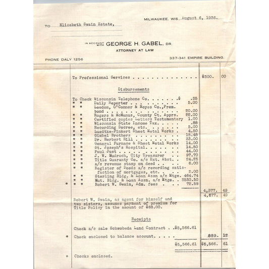 1936 George H Gabel Attorney Empire Building Milwaukee WI Billhead J16