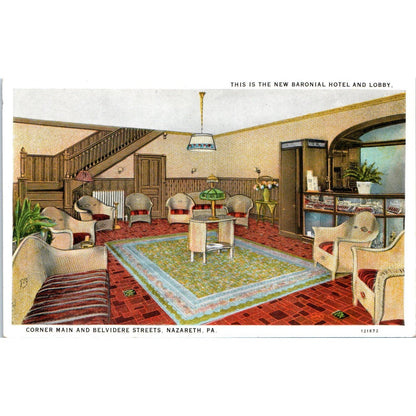 New Baronial Hotel & Lobby Interior Nazareth PA Vintage Postcard AE5