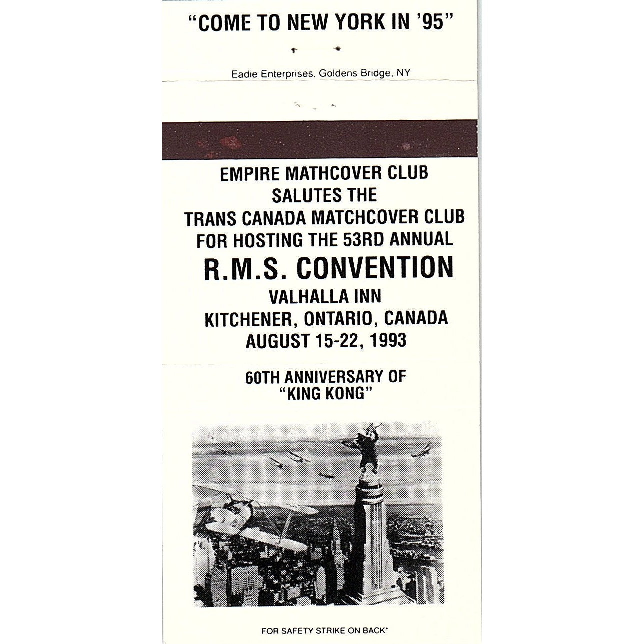 1993 RMS Convention Valhalla Inn Kitchener Ontario Vintage Matchbook MM4-10