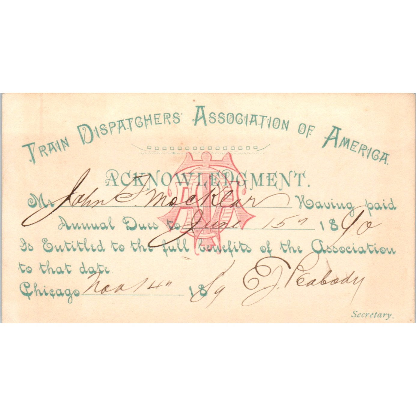 1890 Train Dispatchers of American Annual Dues Card E. J. Peabody Chicago AD8-Q1