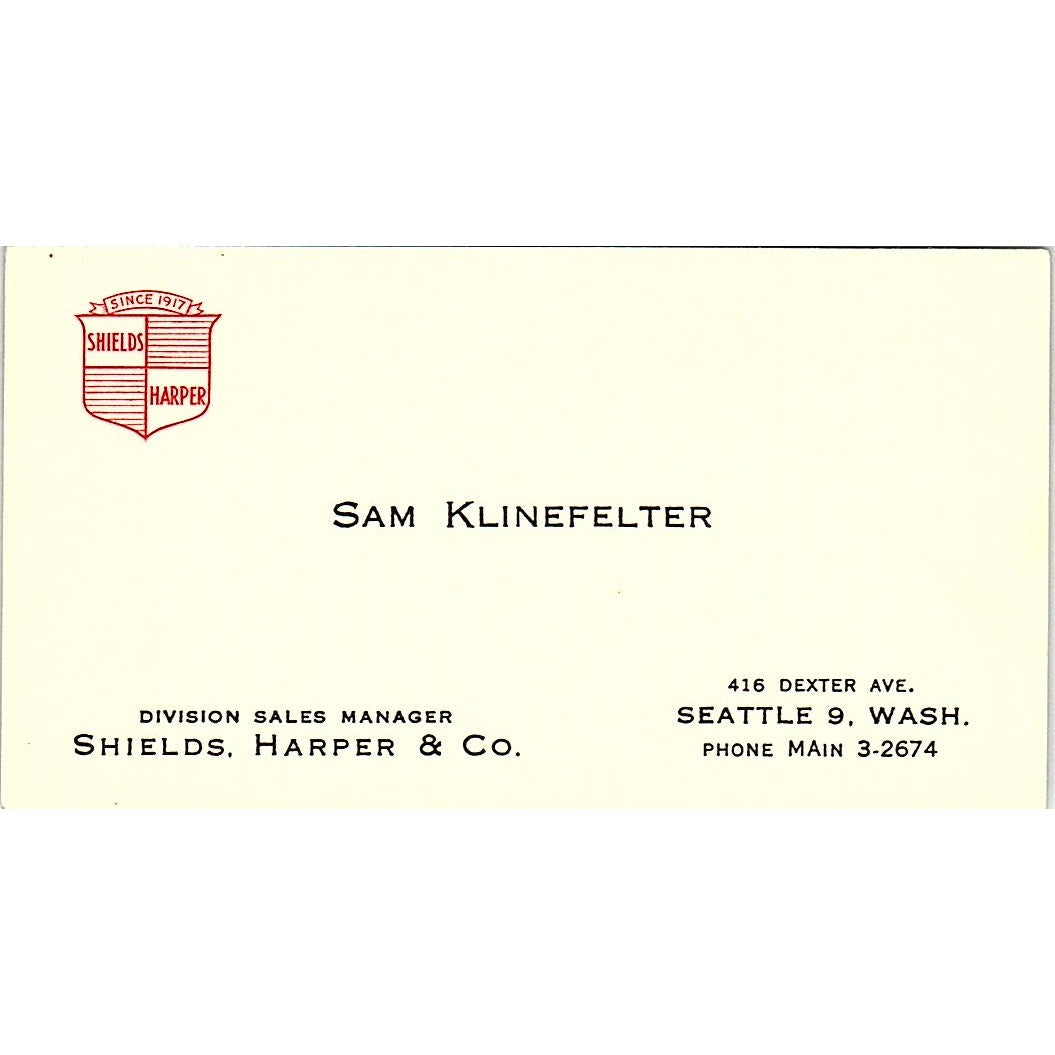 Shields Harper & Co Sam Klinfelter Seattle WA Vintage Business Card SB4-B9