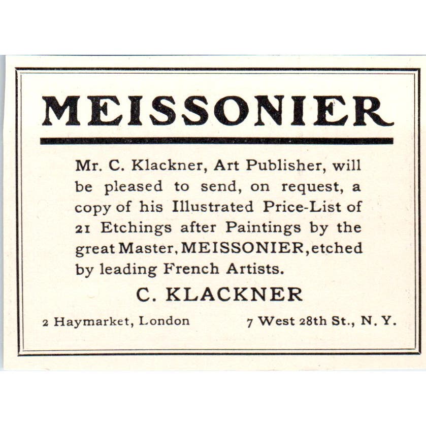 Meissonier C. Klackner Art Haymarket London c1905 Victorian Ad AE9-MA9