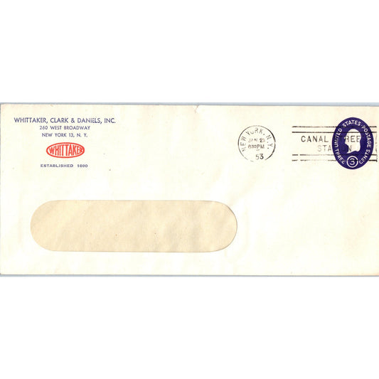 1953 Whittaker, Clark and Daniels Inc New York Postal Cover Envelope TH9-L1