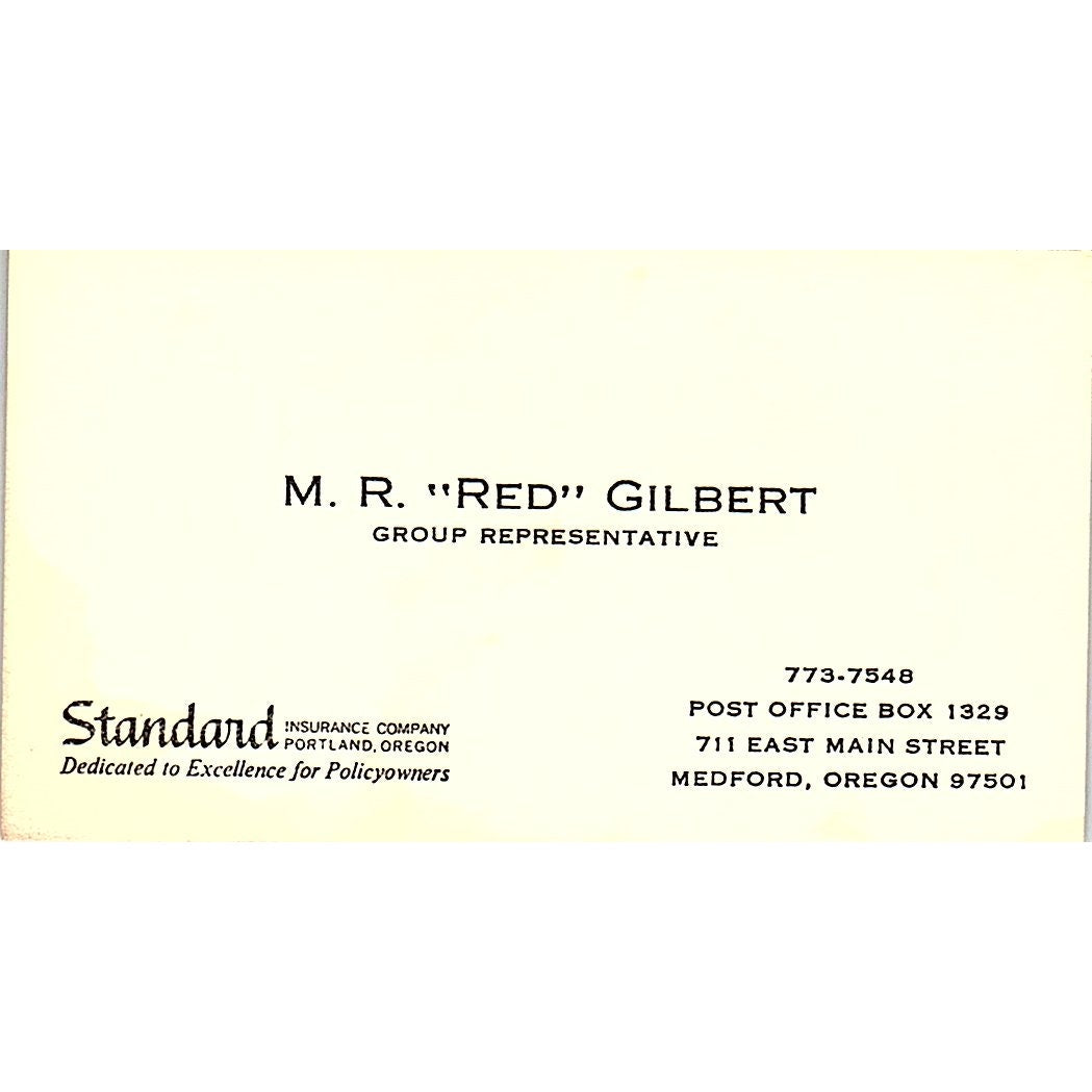 M.R. Red Gilbert Standard Ins Co Medford OR Vintage Business Card SD9-B8